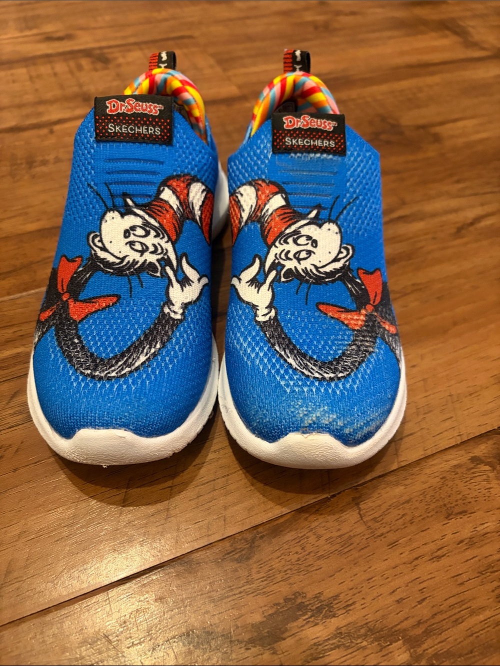 Skechers Kids Blue Slip-On Sneakers with Red & White Cat in the Hat Art